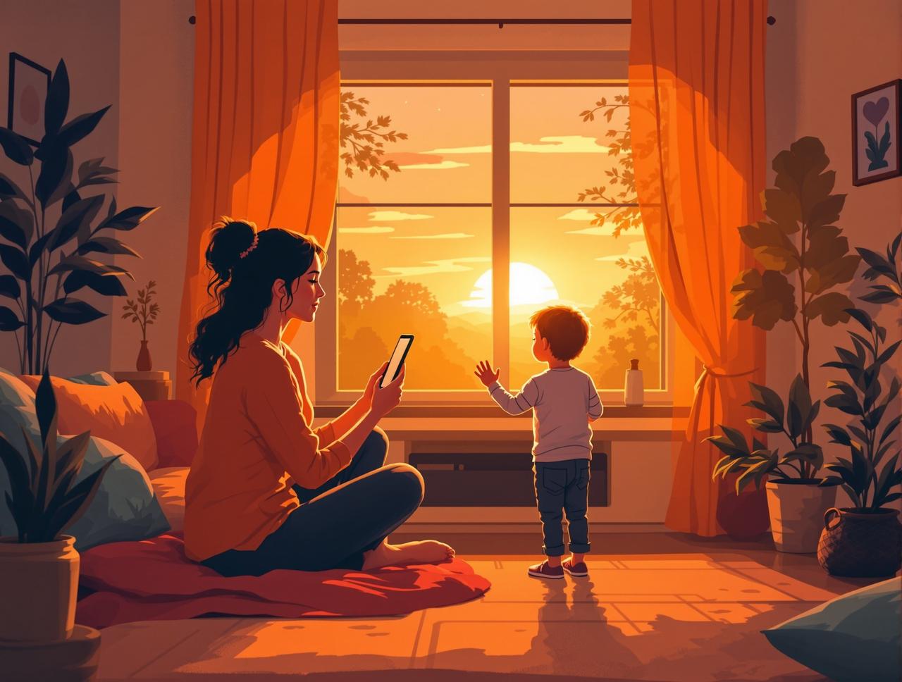 红果网页品牌故事 - 创始人李晨曦与孩子一起观看动画片的温暖时刻
